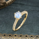 Classic Round Cut Natural Moonstone Engagement Ring Pave Bridal Ring